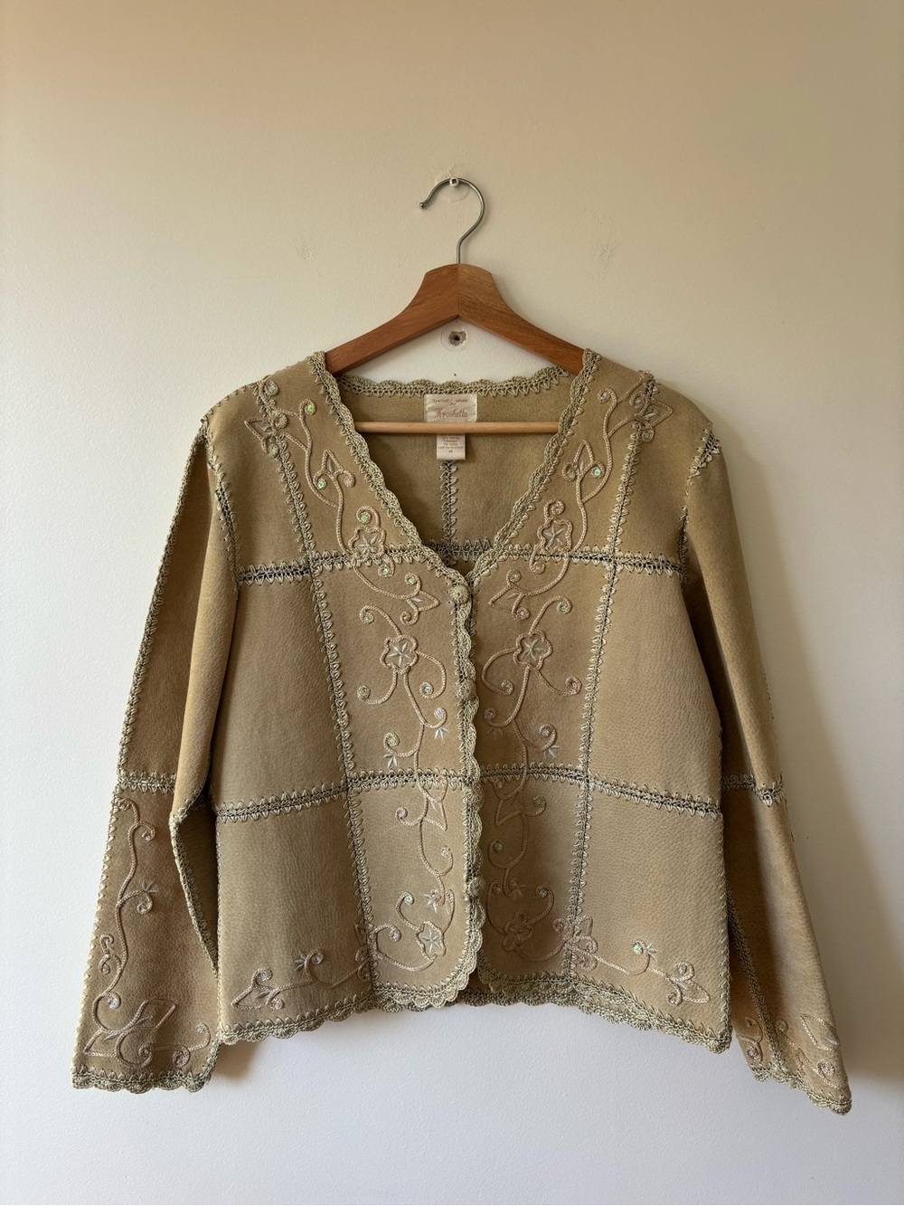 Vintage Leather Panelled Jacket with Crochet and Sequin Detailing